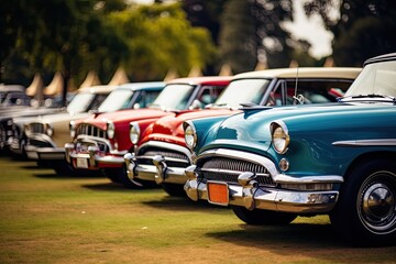 Vintage american cars in row, closeup of photo, AI Generated - obrazy, fototapety, plakaty