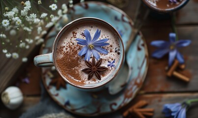 cup of chicory coffee drink decorated with chocolate, anise and chicory flower. 