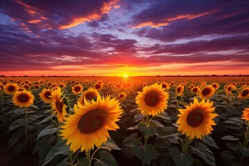 Fototapeta premium Sunflower field at sunset. Beautiful landscape with sunflowers, AI Generated