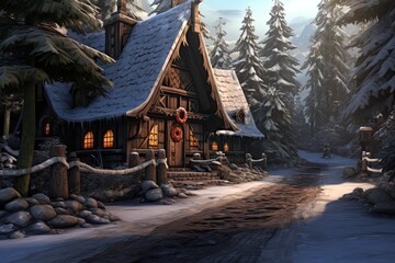 Obraz premium Wooden house in winter forest at sunset. 3D illustration, AI Generated
