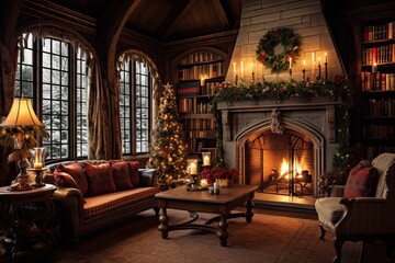 Luxury living room with fireplace and Christmas tree. Vintage style, AI Generated