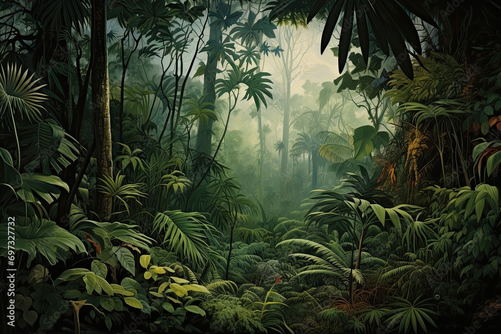 Fototapete 3d rendering of the jungle with trees and plants in the background, ai generated