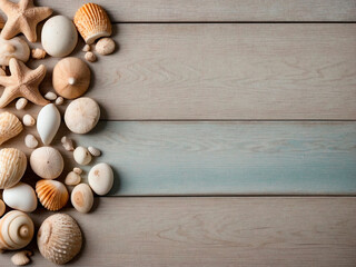 Fototapeta na wymiar Light wooden background with starfish and seashells, concept of vacation