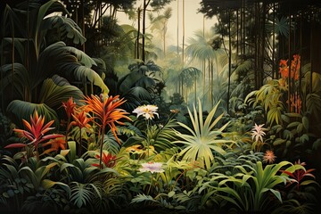 Tropical jungle with palm trees and flowers. Digital painting, AI Generated