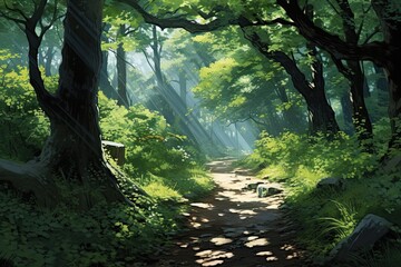 Mysterious forest with path and trees. 3D rendering, AI Generated