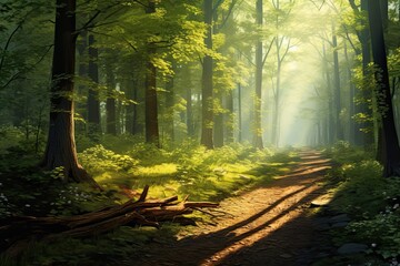 Obraz premium Morning in the green forest with sunbeams and rays of light, AI Generated