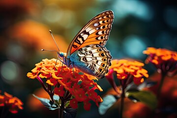 Obraz premium Butterfly on orange flower in the garden with nature background, AI Generated