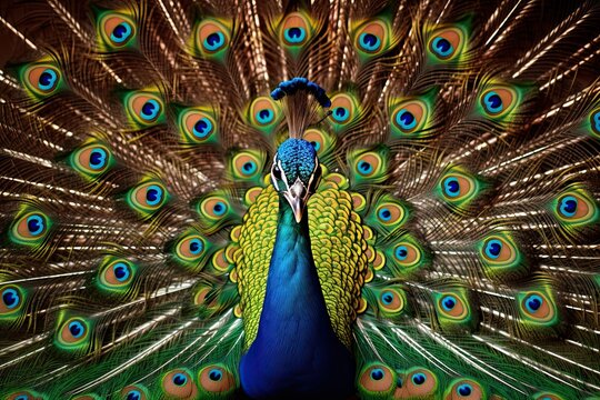 Portrait of beautiful peacock with feathers out. Close up, AI Generated
