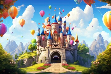 Fairy tale castle with colorful balloons in the sky - illustration for children, A fairy tale castle with floating balloons and cute cartoon creatures, AI Generated