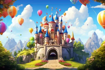 Photo sur Plexiglas Chambre denfants Fairy tale castle with colorful balloons in the sky - illustration for children, A fairy tale castle with floating balloons and cute cartoon creatures, AI Generated