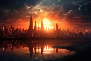 Panoramic view of the skyline of the city at sunset, A hopeful sunrise over a city sky, AI Generated