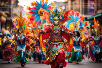 Participants in the Sinulog festival in Las Vegas, Nevada. The Sinulog is the centre of the Santo NiÃ±o Catholic celebrations in the world, A lively colorful carnival parade with, AI Generated - obrazy, fototapety, plakaty