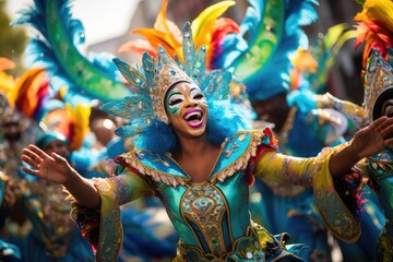 Participants in the Barranquilla Carnival in Barranquilla, Colombia. Barranquilla Carnival is one of the biggest carnival in the world, A lively colorful carnival parade with dancers, AI Generated - obrazy, fototapety, plakaty
