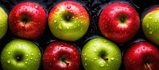 Fotobehang green and red apples with a water splash effect on a black background. generative AI © original logo