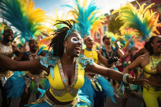 Samba School perform at Marques de Sapucai known as Sambodromo, for the Carnival Samba Parade champions, A lively colorful carnival parade with dancers, AI Generated
