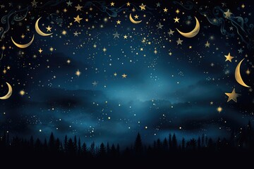 Night sky with moon and stars. Vector illustration for your design, A starry night sky with a crescent moon and tiny glow in the dark stars, AI Generated