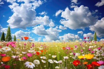 Obraz premium Field of flowers and blue sky with white clouds. Nature composition, A sunny meadow dotted with colorful wildflowers and fluffy clouds overhead, AI Generated