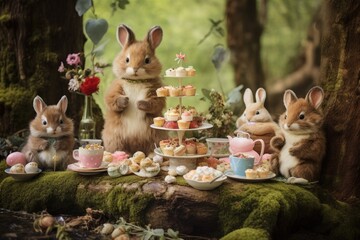 Easter bunny in the garden with a lot of sweets and cakes, A tea party in the forest with adorable...