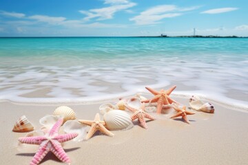 Fototapeta na wymiar Starfishes and seashells on a tropical sand beach, A tranquil beach with pastel-colored seashells and starfishes, surrounded by crystal clear water, AI Generated