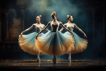 Three graceful ballerinas in white and blue tutu dancing on dark background, A trio of graceful...