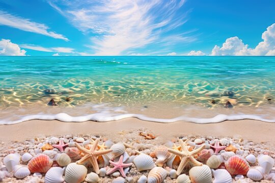 Beautiful seascape with seashells and starfish on sandy beach, A tranquil beach with pastel-colored seashells and starfishes, surrounded by crystal clear water, AI Generated