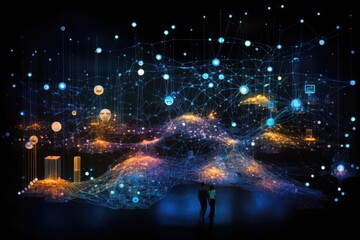Conceptual image of businessman looking at network hologram over city, Abstract visualization of the Internet of Things, AI Generated