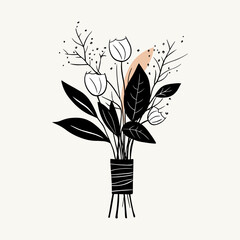 Fototapeta na wymiar Vector monochrome bouquet. Hand drawn spring flowers in black. Flowers outline.