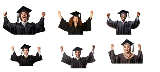 Set of Happy young man and woman graduating student celebrating Graduation isolated on transparent background.