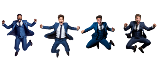 Set of businessmale, jumping in mid-air with arms raised in triumph, dressed in a crisp blue suit, against a plainon transparent background.