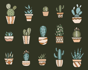 Colorful cactus and other houseplants vector clip art set, hand drawn silhouettes, decorative elements, isolated