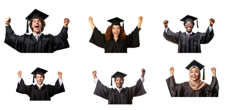 Set of Happy young man and woman graduating student celebrating Graduation isolated on transparent background.
