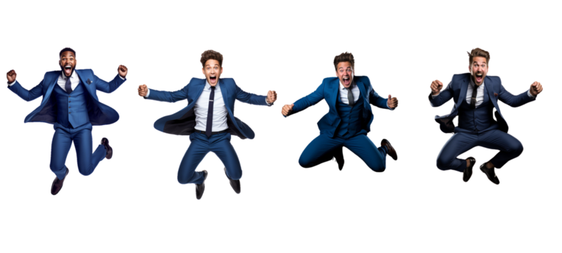 Set of businessmale, jumping in mid-air with arms raised in triumph, dressed in a crisp blue suit, against a plainon transparent background.