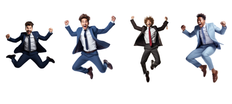 Set of businessmale, jumping in mid-air with arms raised in triumph, dressed in a crisp blue suit, against a plainon transparent background. - Powered by Adobe