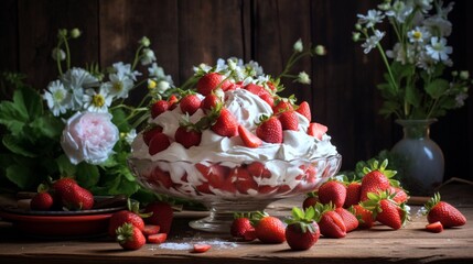 Obraz na płótnie Canvas A luscious heap of ripe strawberries adorned with billowy whipped cream under soft, natural lighting in a rustic setting.