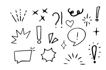 Set emotion attention elements, expressions speech bubble in comic doodle style isolated on white background