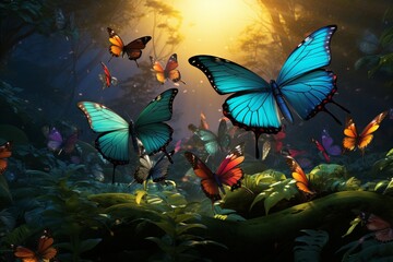 Obraz na płótnie Canvas Vibrant Biodiversity. Exquisite Butterflies Fluttering through the Rainforest at Dawn
