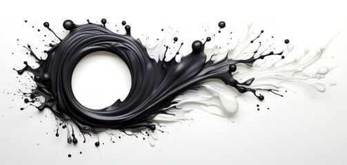 Splashes of white and black ink on a white background.