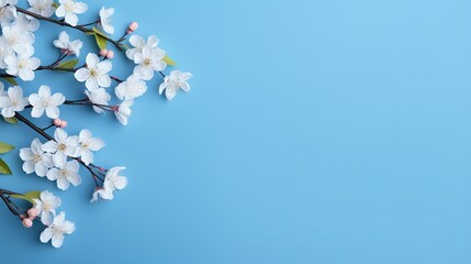 A blue background with copy space is adorned with beautiful flowers.