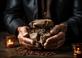 An old man holding a treasure bag