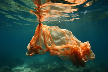 A plastic bag floating underwater - obrazy, fototapety, plakaty