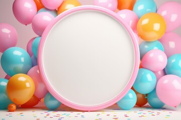 Blank frame mockup with color balloons and confetti, frame on color balloons and confetti, AI Generated
