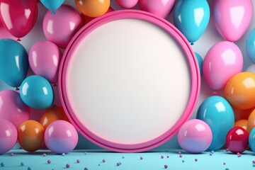 Blank round frame mockup with color balloons and confetti, round frame on color balloons and confetti, AI Generated