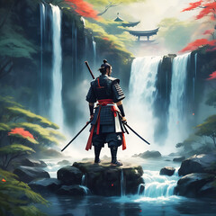 Photo samurai standing in waterfall garden with swords on the ground, digital art style, illustration painting Hyper-Realistic Illustrations 