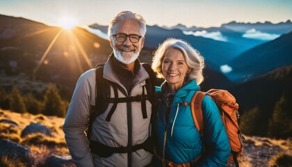 Portait of senior caucasian couple hiking in mountains with rucksacks
