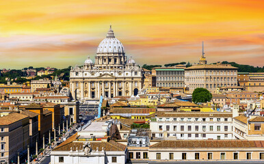 St. Peter's basilica on Saint Peter's square in Vatican at sunrise, center of Rome, Italy (translation "In honor of prince of Apostles; Paul V Borghese, Pope, in year 1612 and 7th year of pontificate)