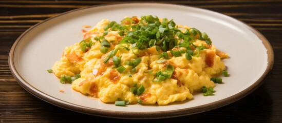 Scallion-infused shrimp scrambled eggs on a plate.