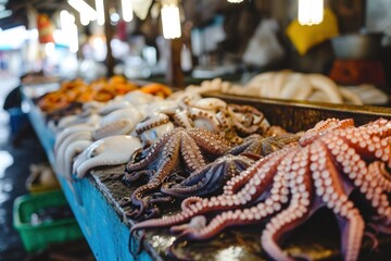 Octopus market stall, early in the morning a trader presents his freshly caught octopuses at the local fish market.