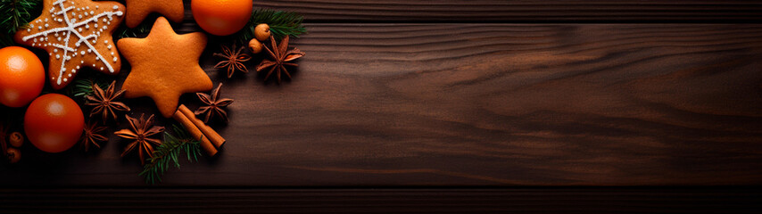 Banner with christmas decorations, spices and cookies on wooden table background. New year wallpaper, card. Festive postcard with copy space. Generative AI