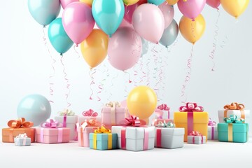 Gift boxes with color balloons and confetti, 3d render of birthday background with gift box, balloons and confetti, AI Generated