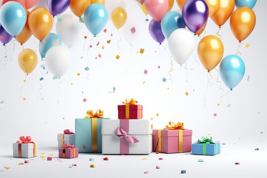 Balloons and gift boxes with ribbons on white background. 3D Render, 3d render of birthday background with gift box, balloons and confetti Ai generated